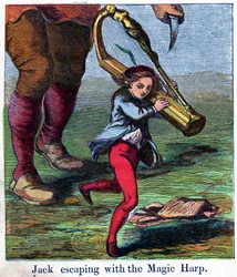 Jack pakenemassa taikaharpun kanssa, 1867 (chromolitho)
